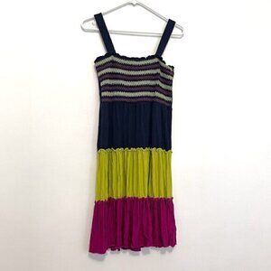 SPENSE Navy Blue Lime Green Fuchsia Smocked Tiered Dress Sundress PETITE Medium